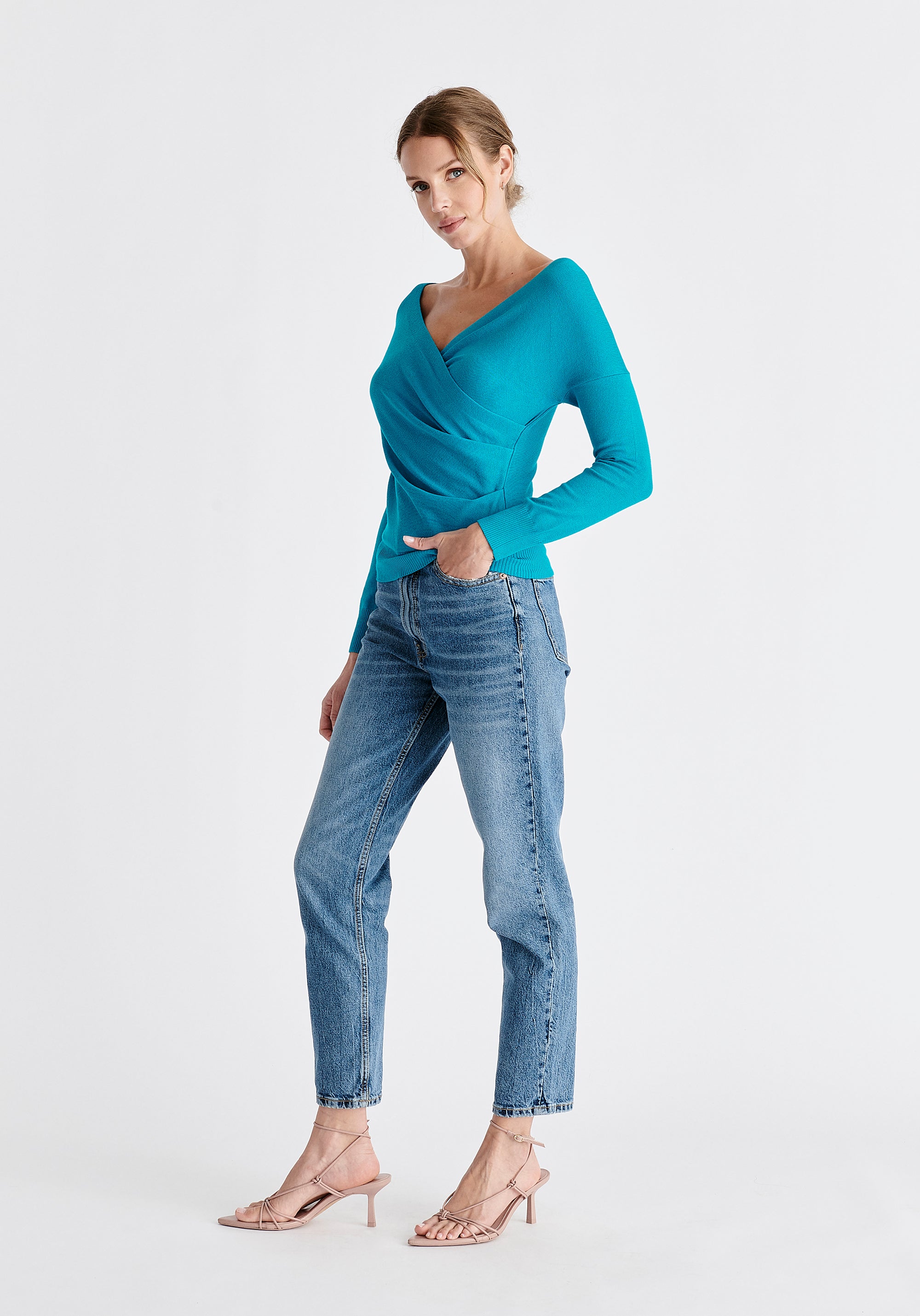 Paisie Long Sleeve Knit Wrap Top in Turquoise