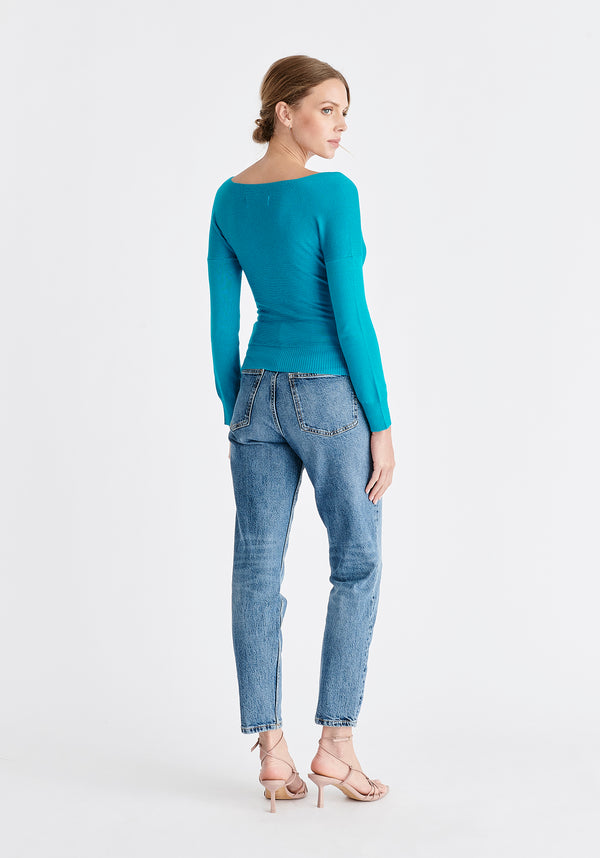 Paisie Long Sleeve Knit Wrap Top in Turquoise Back