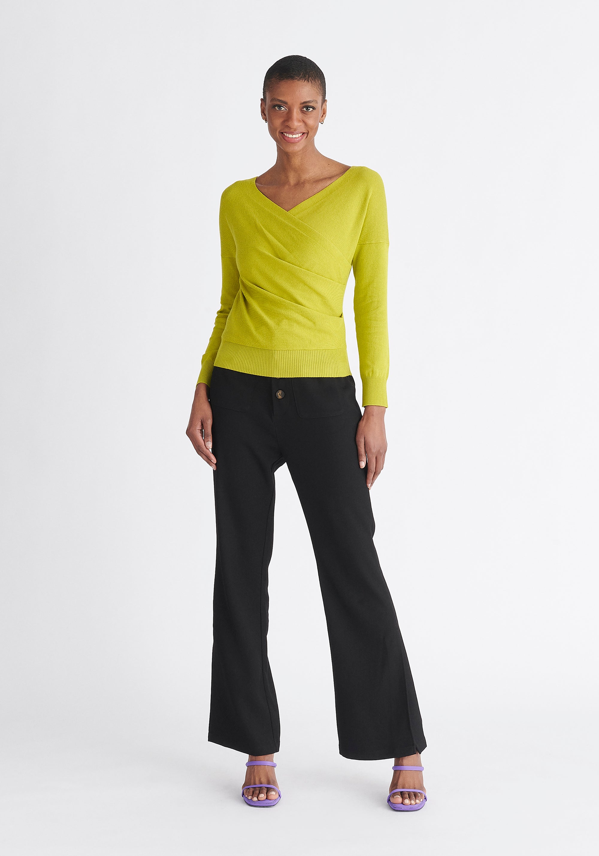 Paisie Long Sleeve Knit Wrap Top in Lime Green