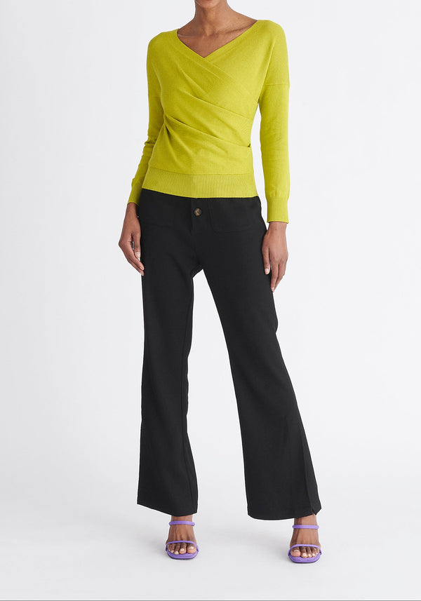Paisie Long Sleeve Knit Wrap Top in Lime Green