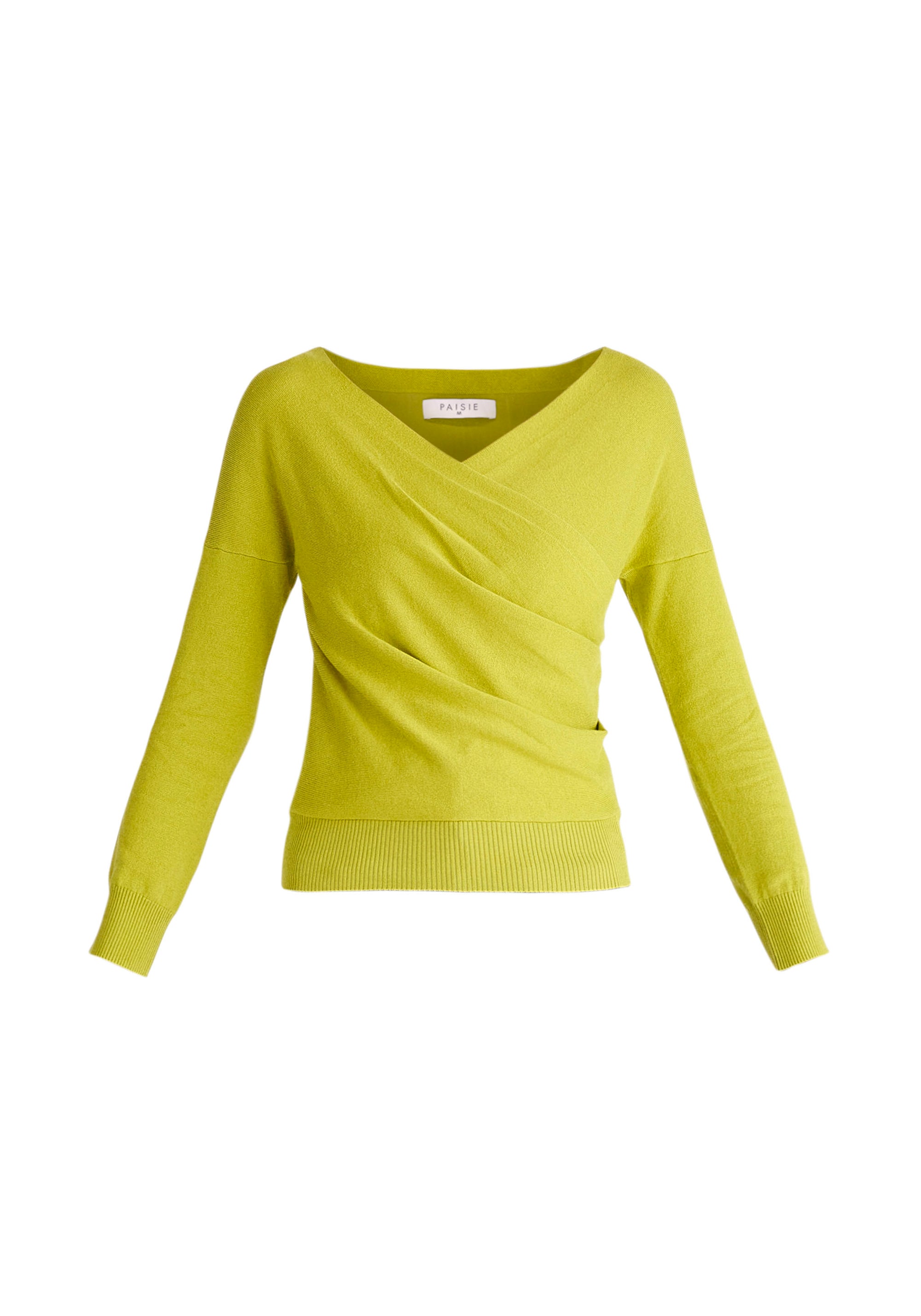 Paisie Long Sleeve Knit Wrap Top in Lime Green Cut Out