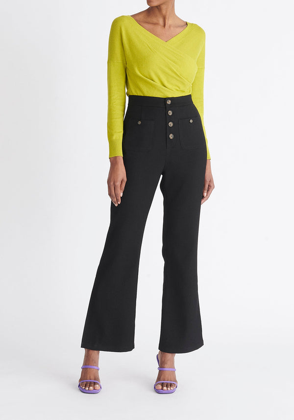 Paisie Long Sleeve Knit Wrap Top in Lime Green