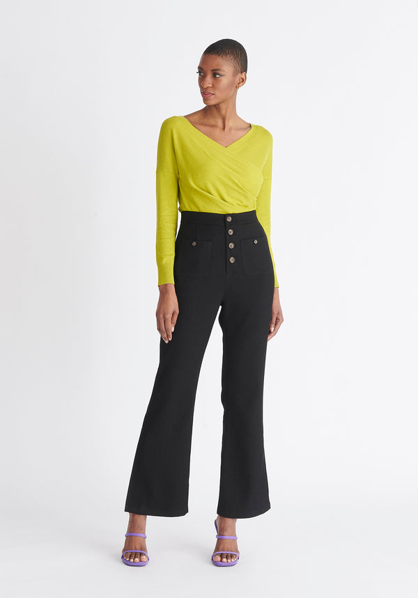 Paisie Long Sleeve Knit Wrap Top in Lime Green
