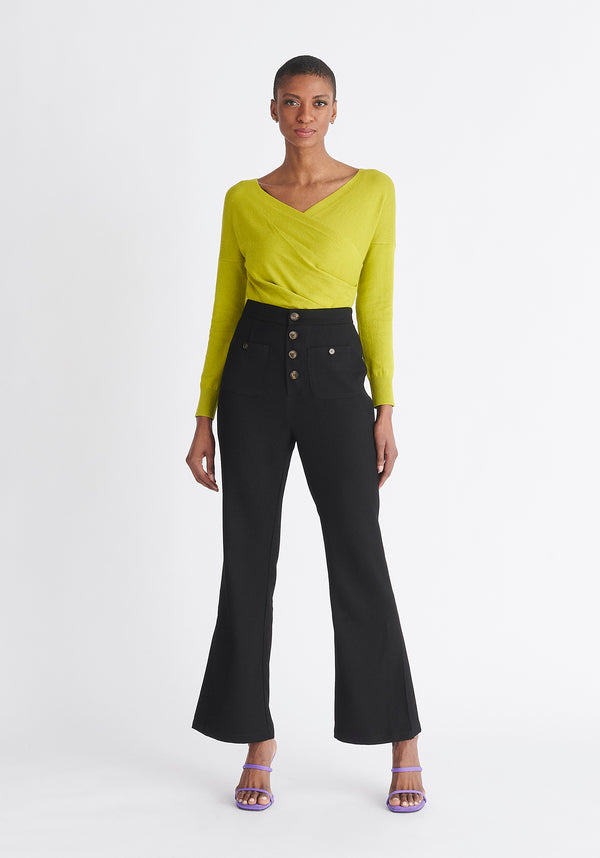 Paisie Long Sleeve Knit Wrap Top in Lime Green