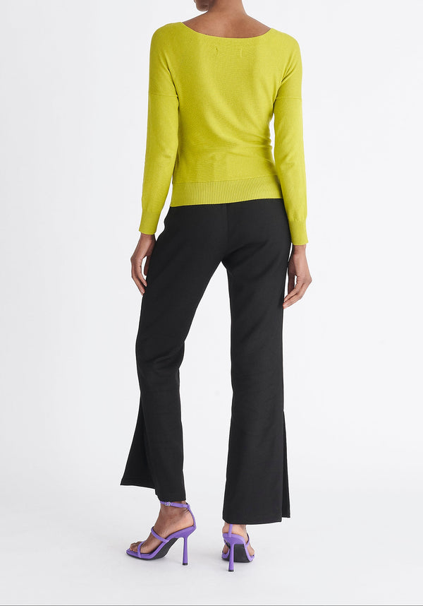 Paisie Long Sleeve Knit Wrap Top in Lime Green Back