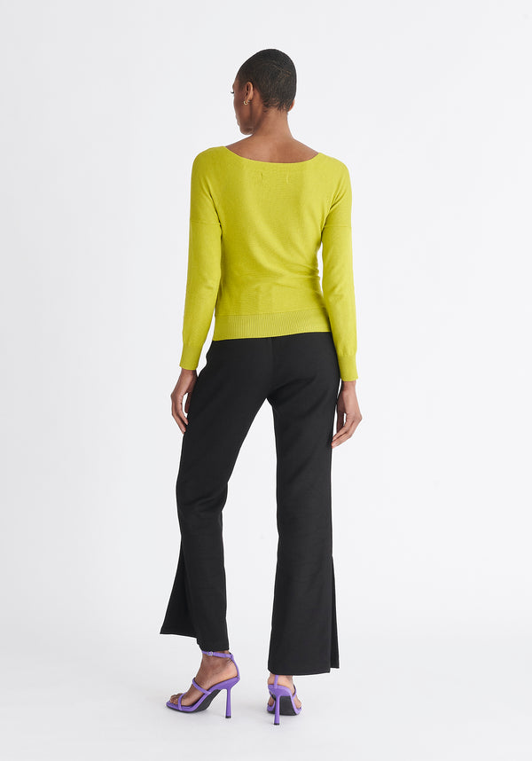 Paisie Long Sleeve Knit Wrap Top in Lime Green Back