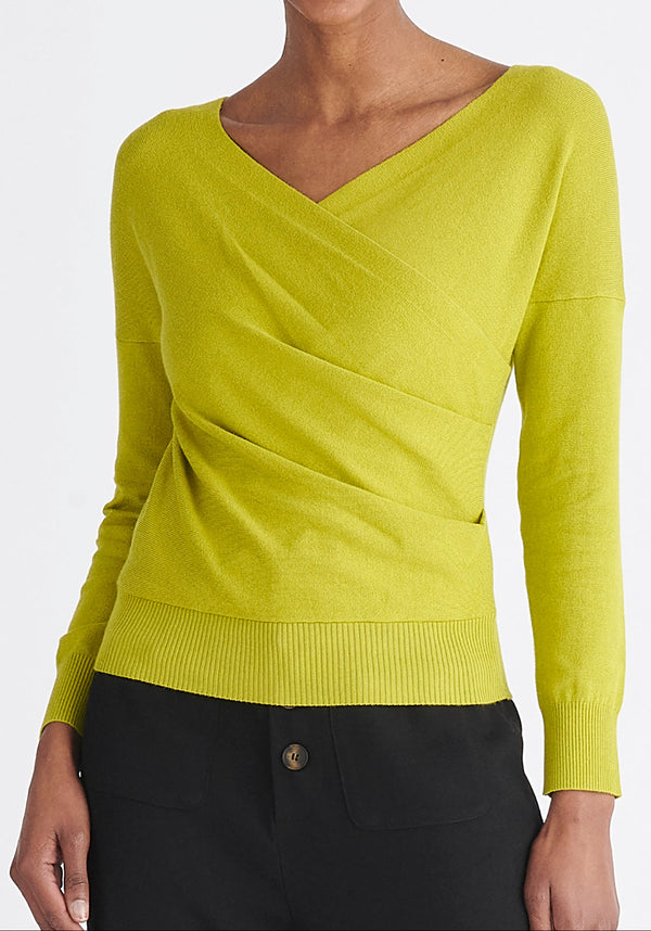Paisie Long Sleeve Knit Wrap Top in Lime Green