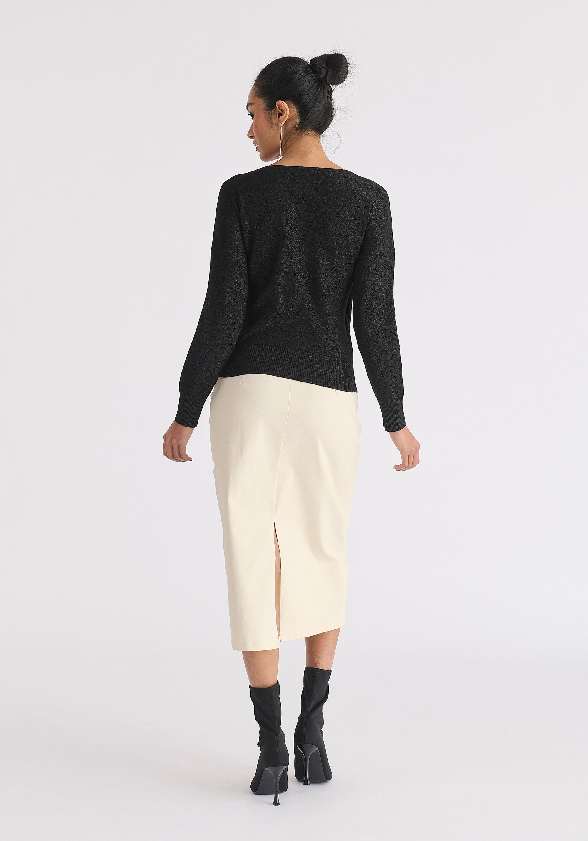 Knitted Wrap Top with Long Sleeves in Black and Gold Sparkle Back