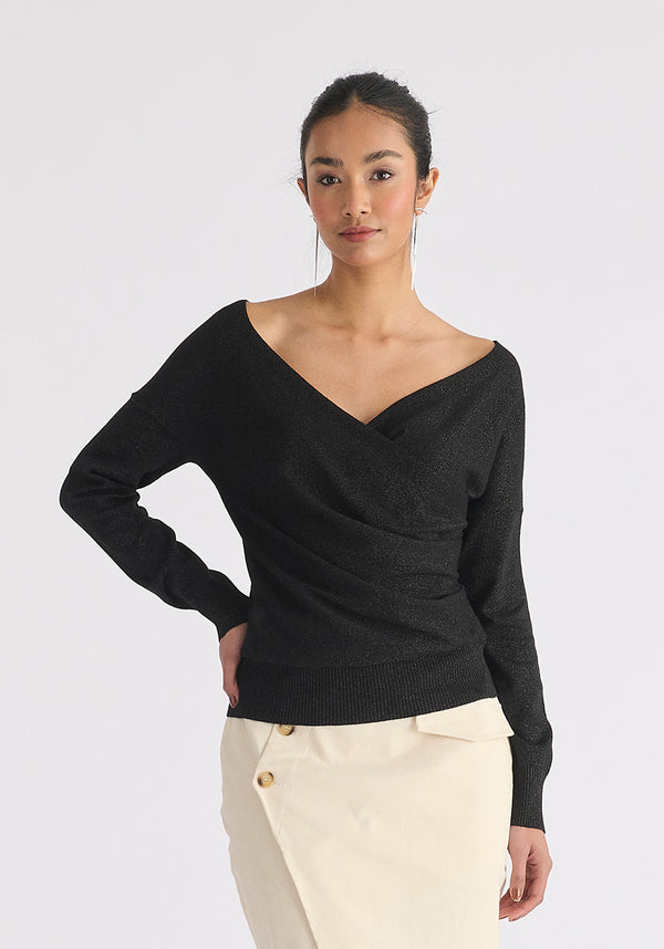 Knitted Wrap Top with Long Sleeves in Black and Gold Sparkle
