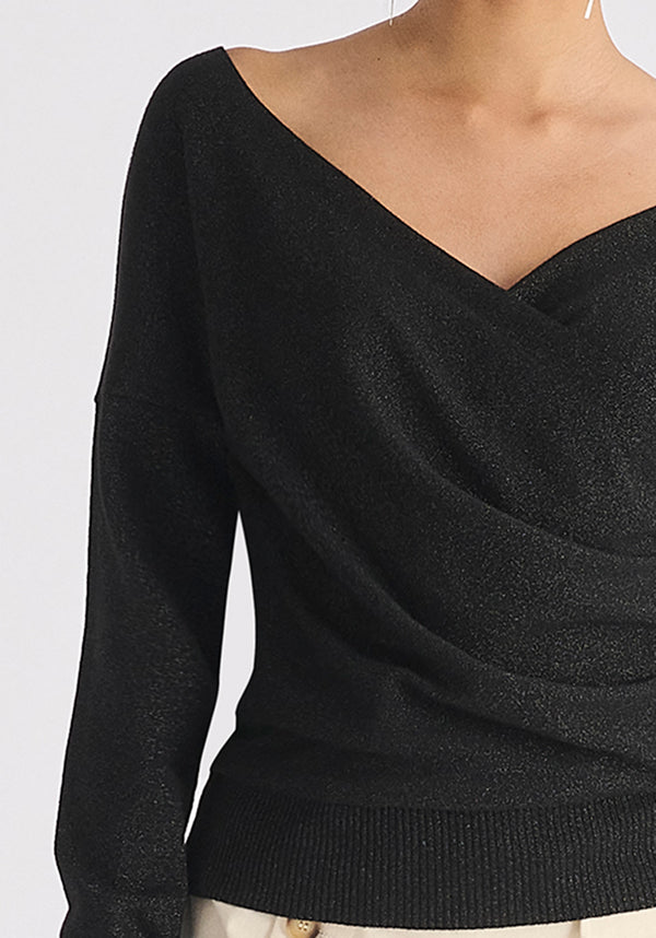 Knitted Wrap Top with Long Sleeves in Black and Gold Sparkle Close Up