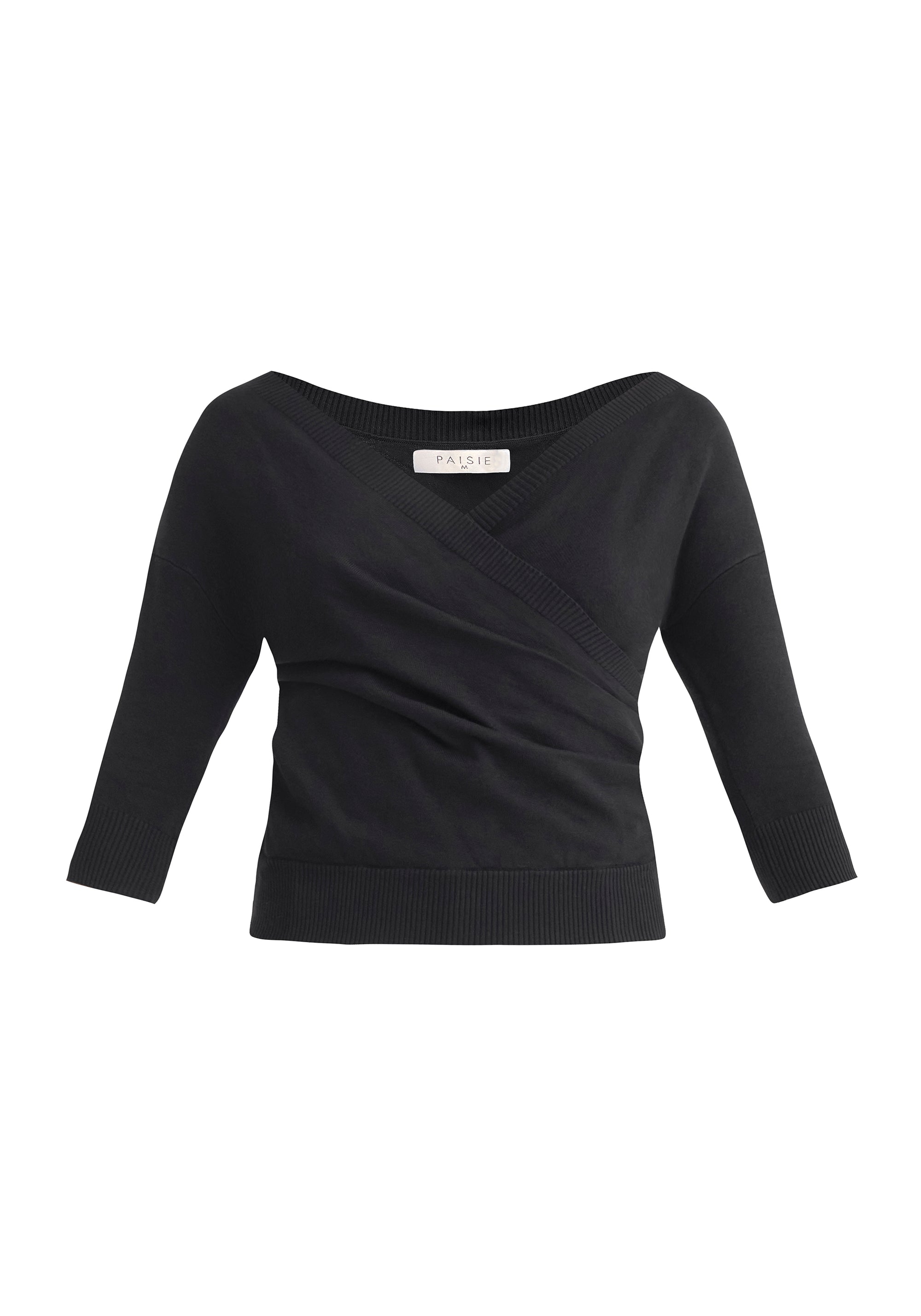 Paisie Knitted Wrap Top with 3/4 sleeves in Black Cut Out