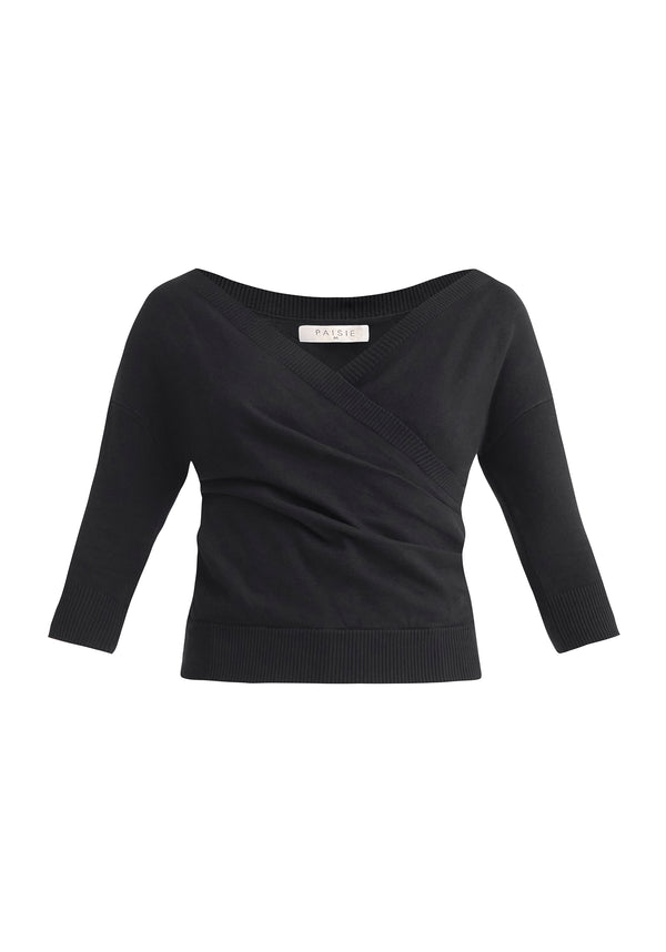 Paisie Knitted Wrap Top with 3/4 sleeves in Black Cut Out