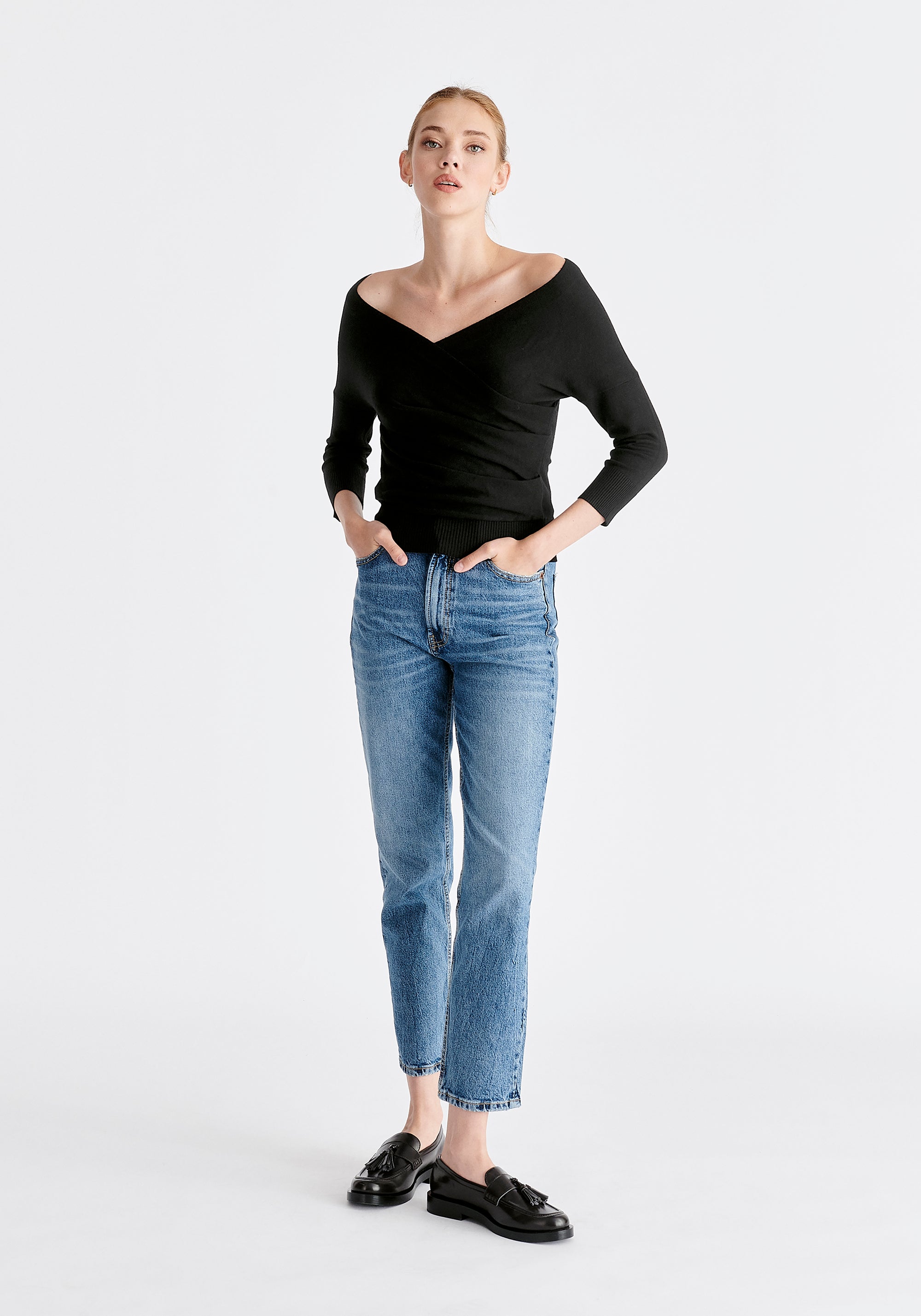 Paisie Knitted Wrap Top with 3/4 sleeves in Black
