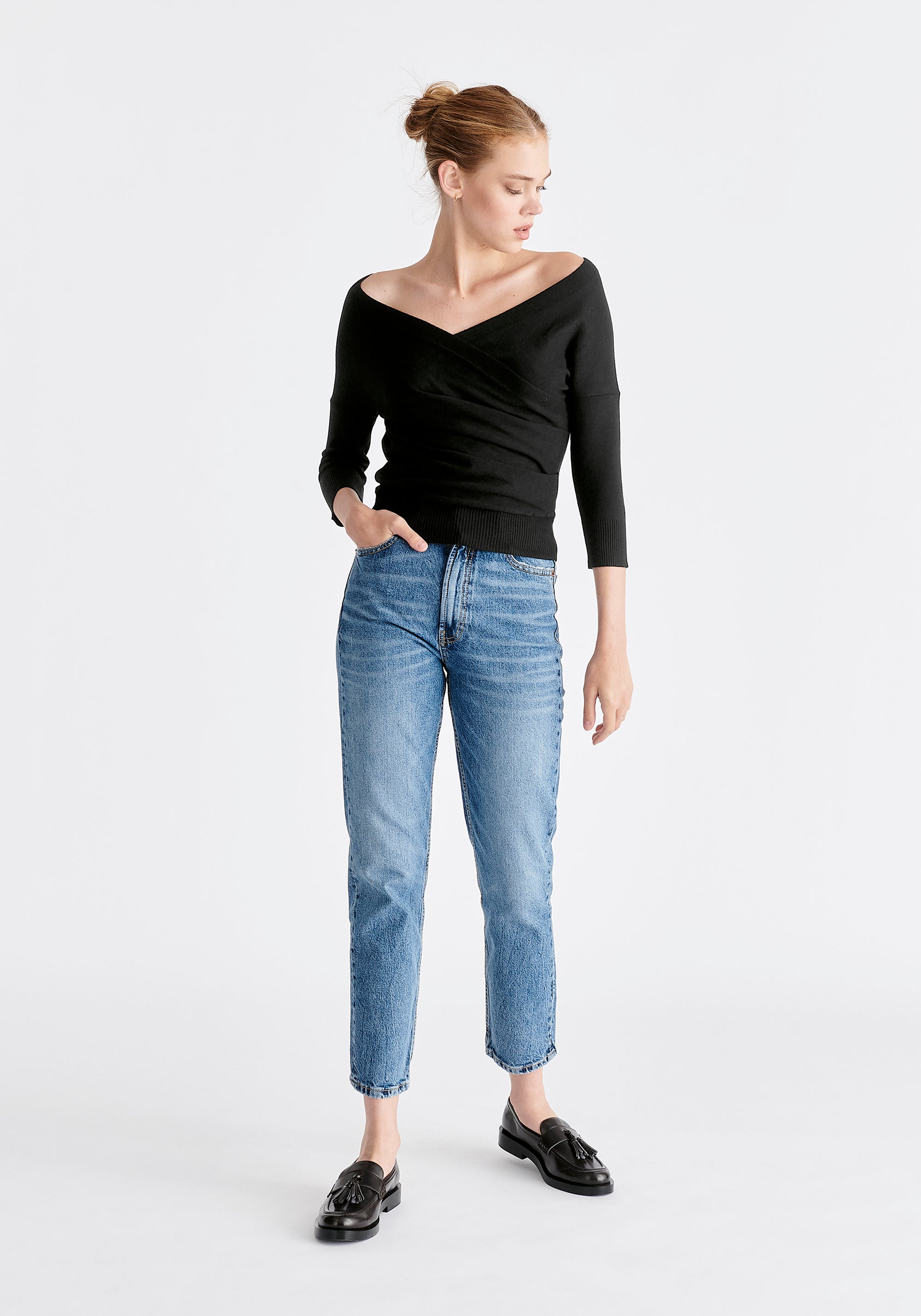 Paisie Knitted Wrap Top with 3/4 sleeves in Black