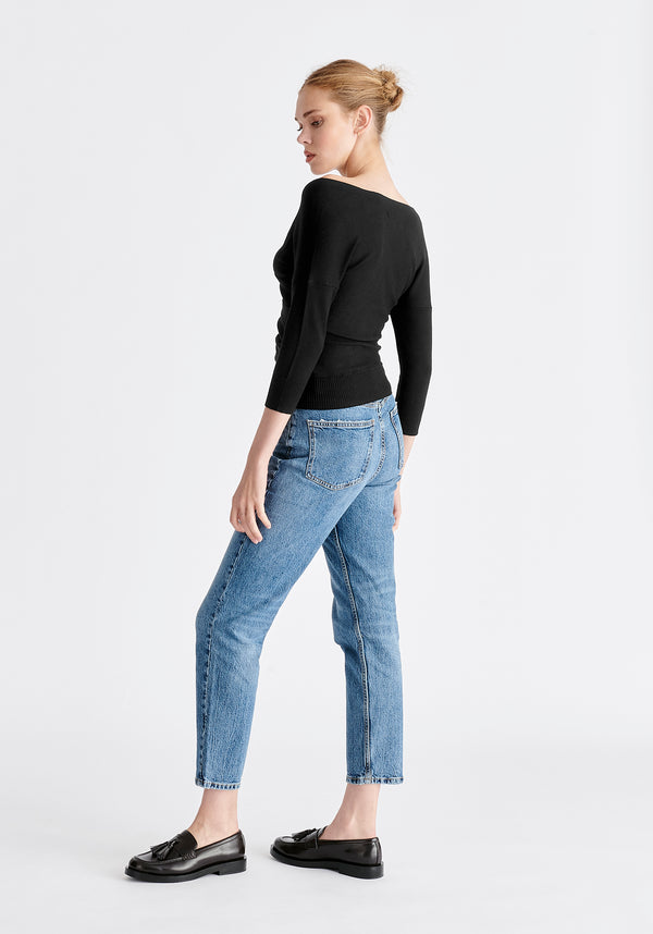 Paisie Knitted Wrap Top with 3/4 sleeves in Black Back