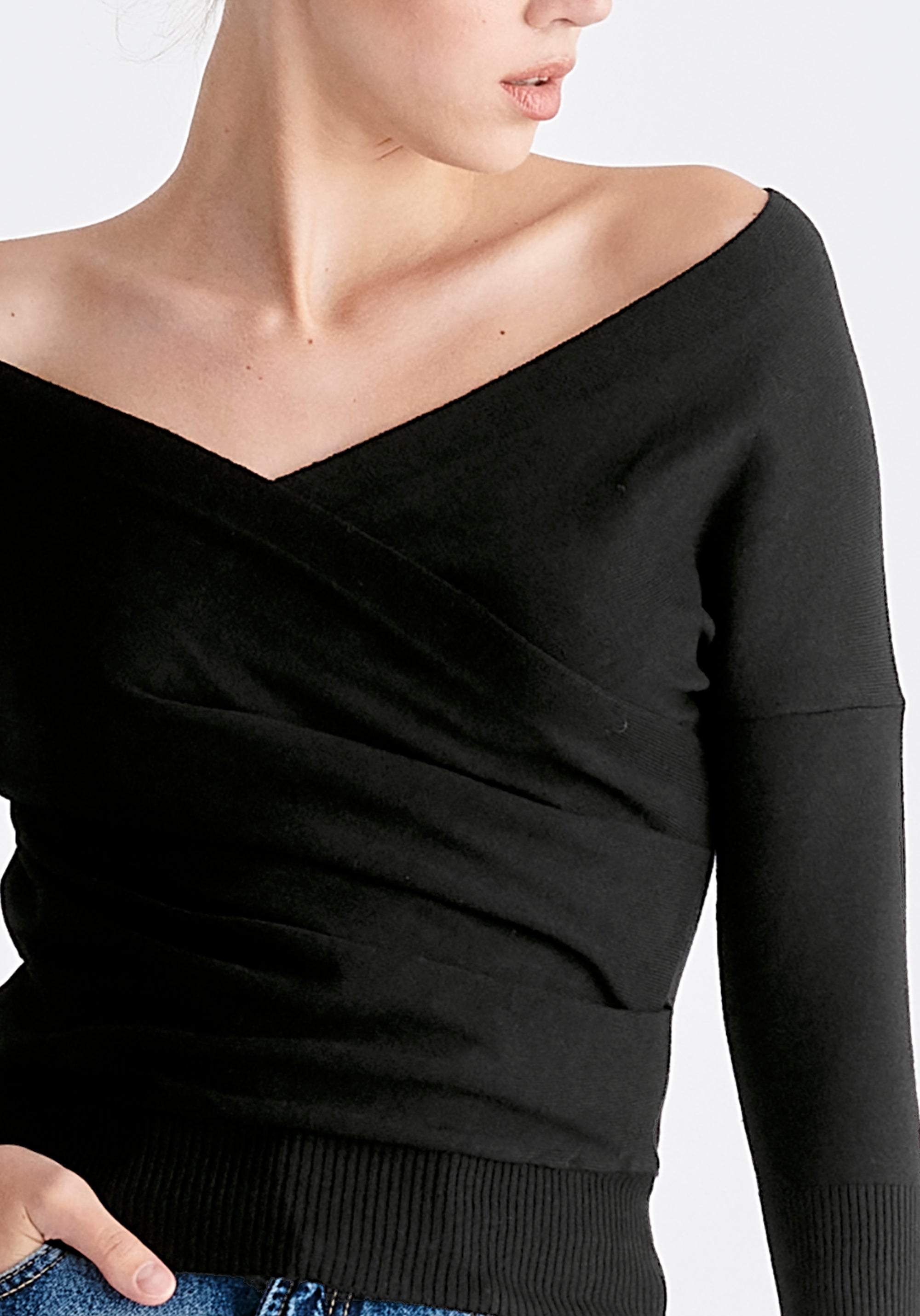 Paisie Knitted Wrap Top with 3/4 sleeves in Black Close Up