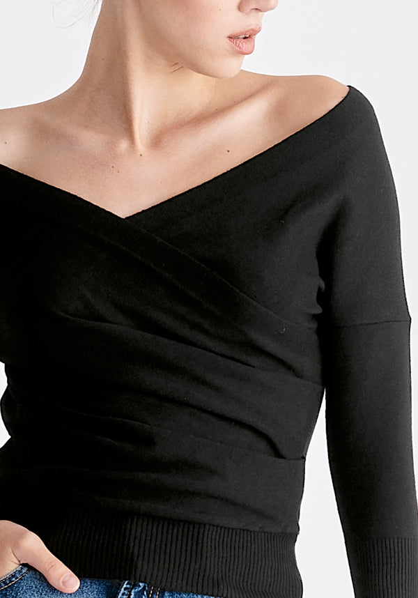 Paisie Knitted Wrap Top with 3/4 sleeves in Black Close Up