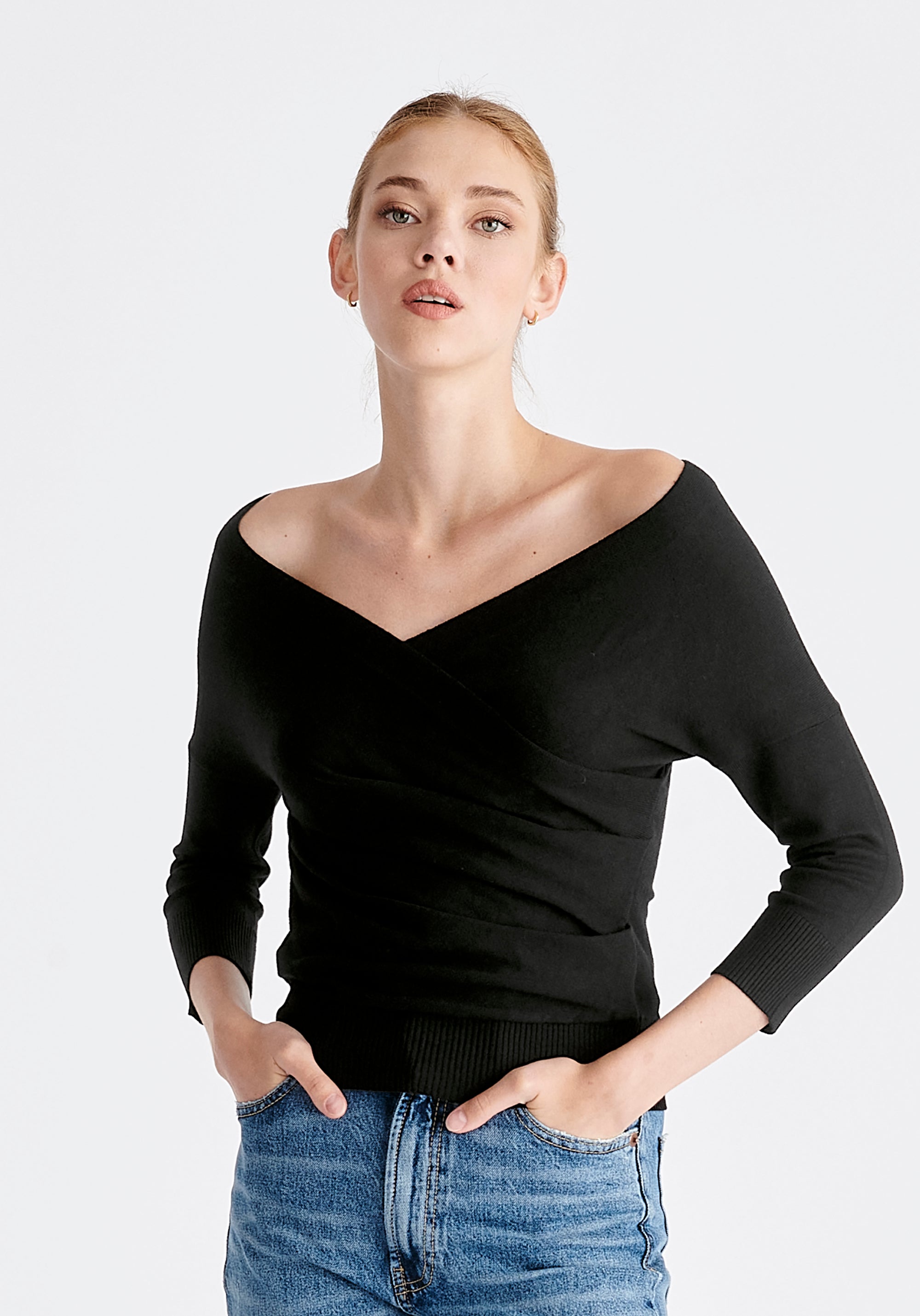 Paisie Knitted Wrap Top with 3/4 sleeves in Black