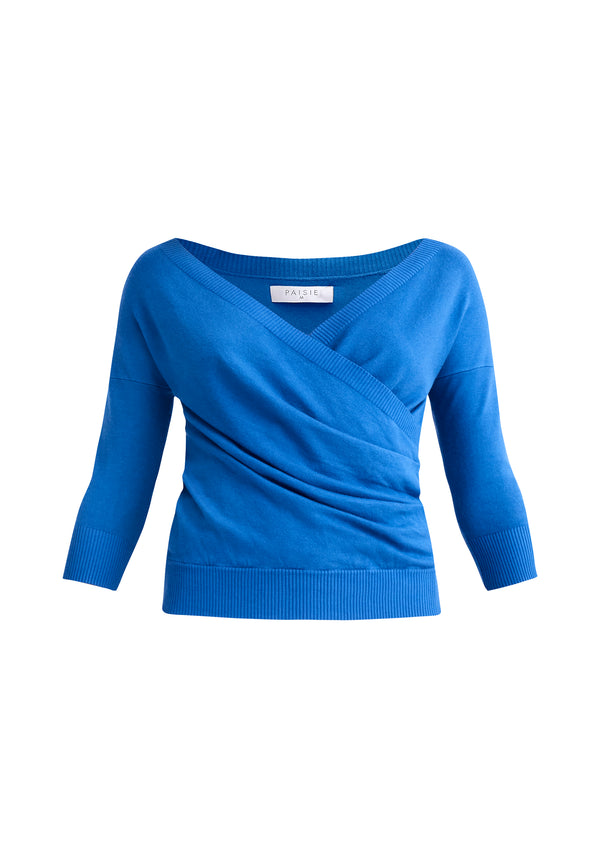 Paisie Knitted Wrap Top with 3/4 sleeves in Royal Blue Cut Out