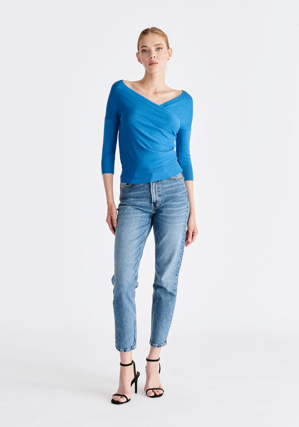Paisie Knitted Wrap Top with 3/4 sleeves in Royal Blue