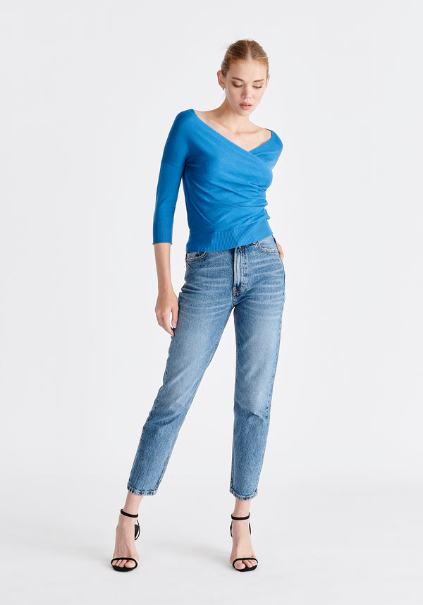 Paisie Knitted Wrap Top with 3/4 sleeves in Royal Blue