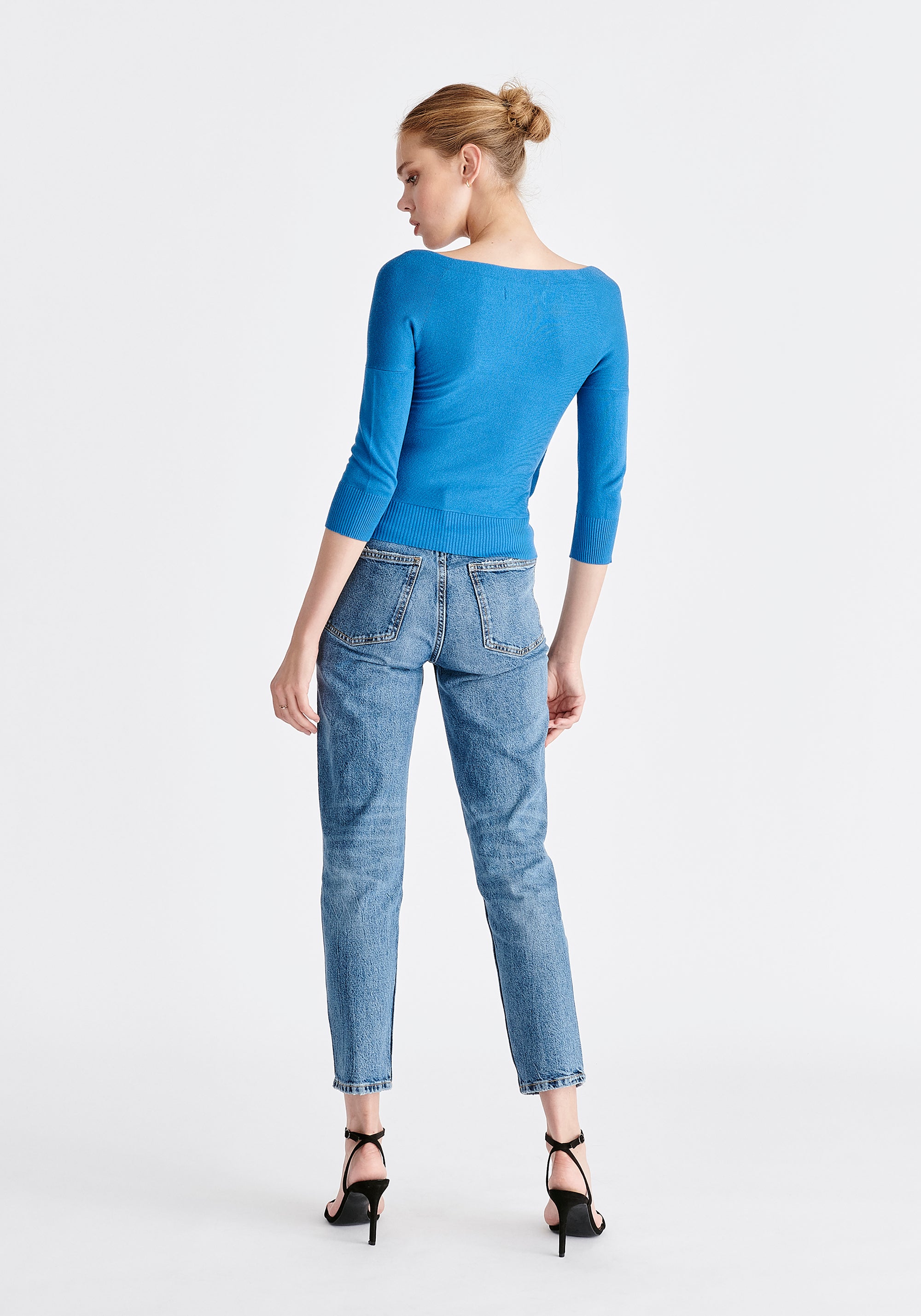 Paisie Knitted Wrap Top with 3/4 sleeves in Royal Blue Back