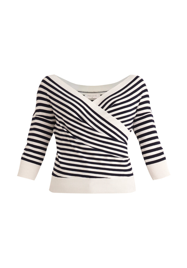 Paisie Striped Knitted Wrap Top with 3/4 Sleeves in Navy and White Cut Out