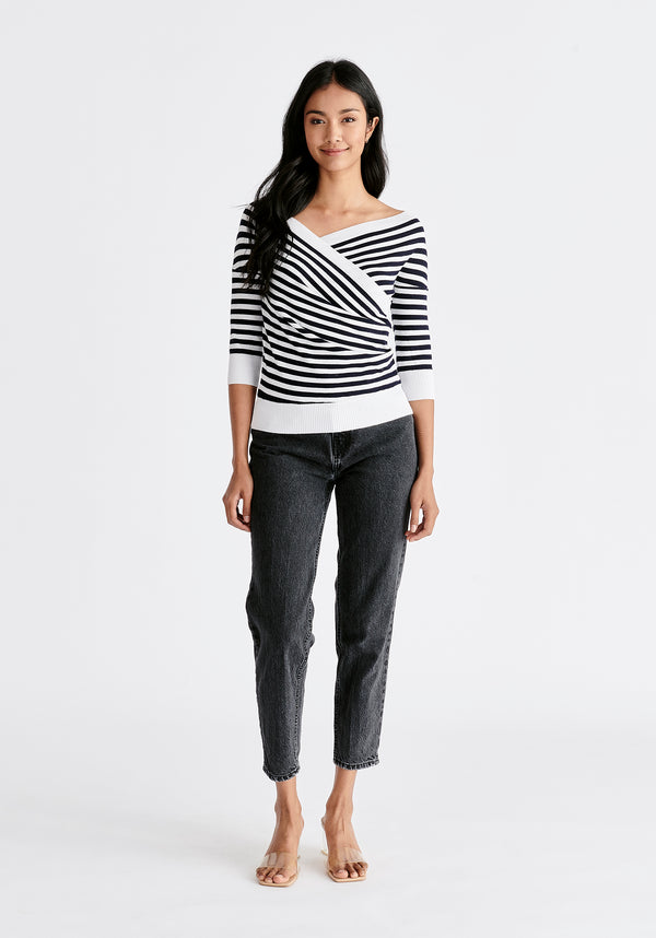 Paisie Striped Knitted Wrap Top with 3/4 Sleeves in Navy and White