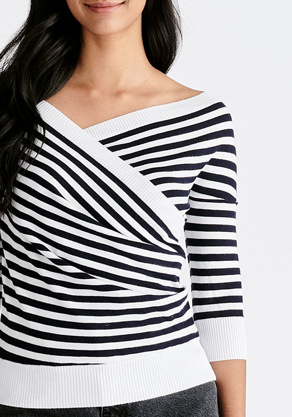 Paisie Striped Knitted Wrap Top with 3/4 Sleeves in Navy and White Close Up