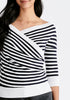 Paisie Striped Knitted Wrap Top with 3/4 Sleeves in Navy and White Close Up
