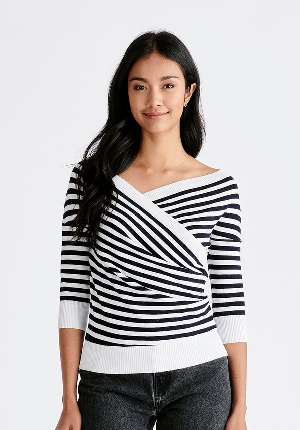 Paisie Striped Knitted Wrap Top with 3/4 Sleeves in Navy and White