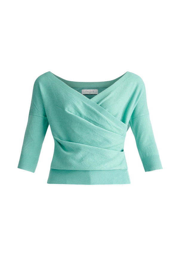 Paisie Knitted Wrap Top with 3/4 Sleeves in Mint Green Cut Out