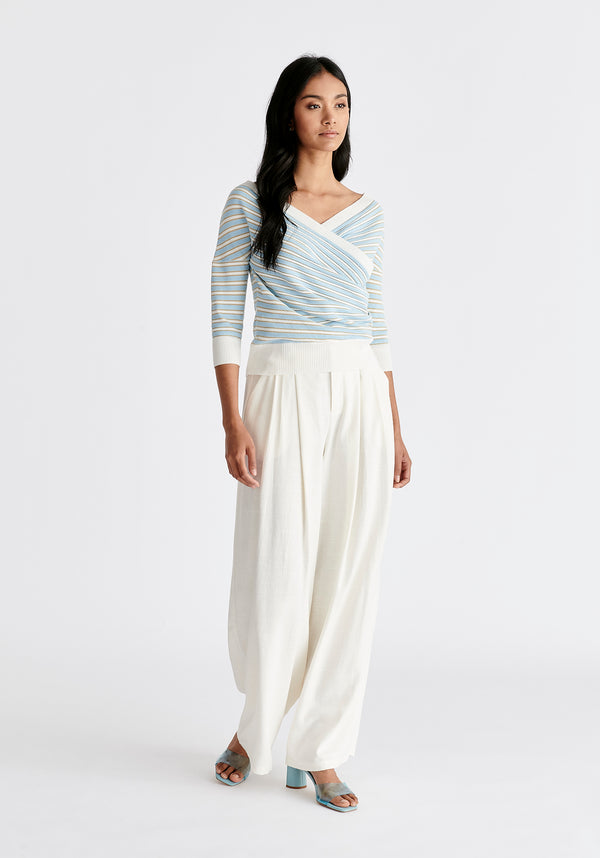 Knitted Wrap Top with 3/4 Sleeves in Gold, Light Blue and White