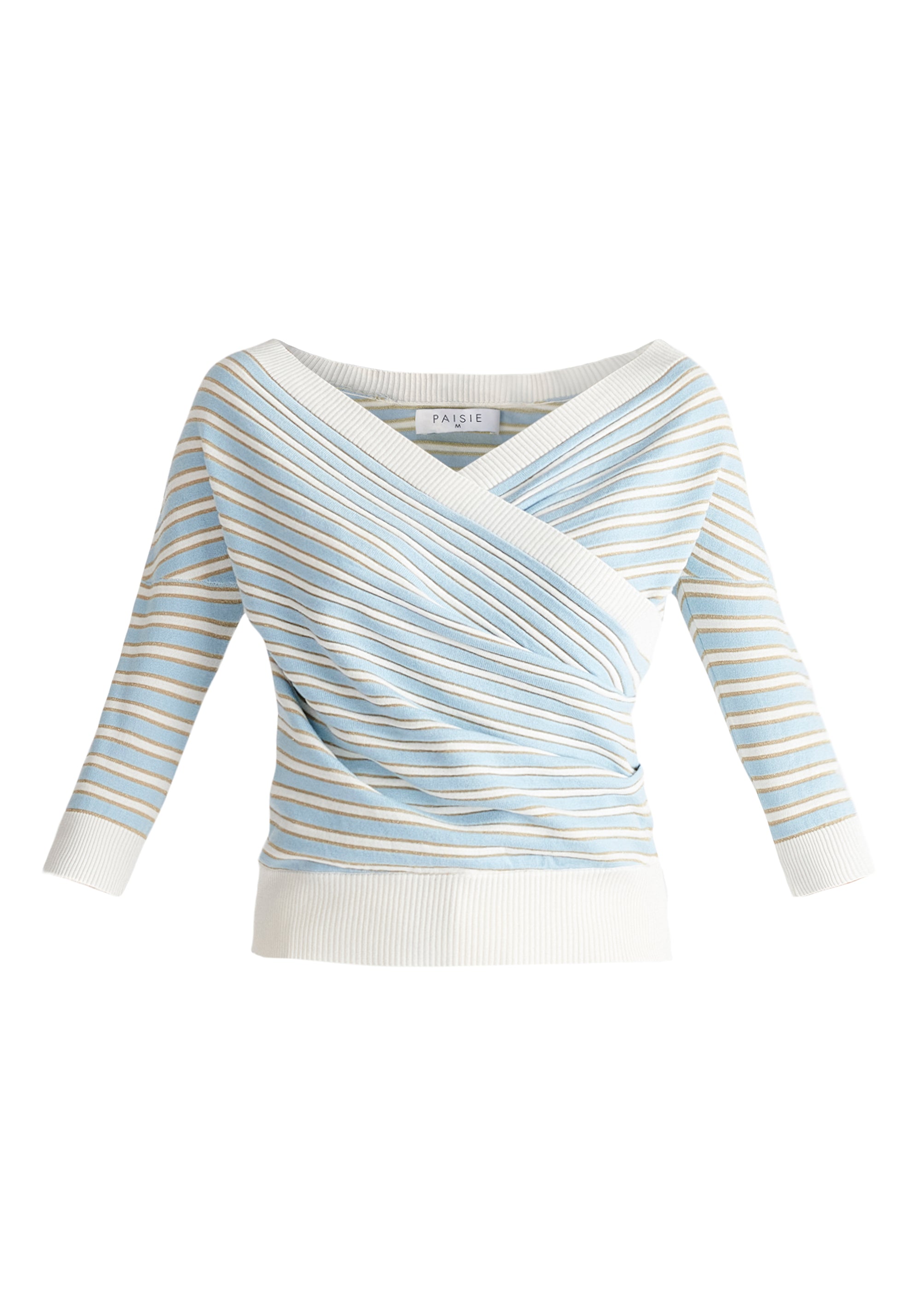 Knitted Wrap Top with 3/4 Sleeves in Gold, Light Blue and White