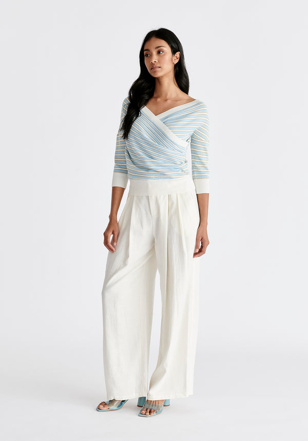 Knitted Wrap Top with 3/4 Sleeves in Gold, Light Blue and White