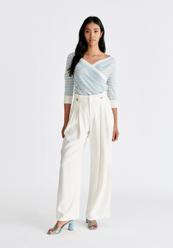 Knitted Wrap Top with 3/4 Sleeves in Gold, Light Blue and White