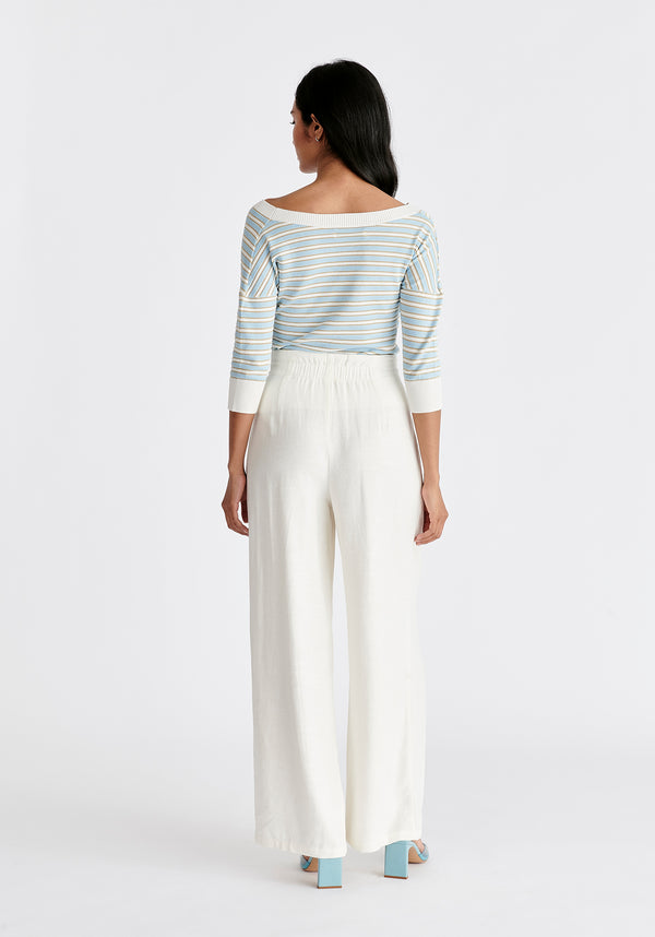 Knitted Wrap Top with 3/4 Sleeves in Gold, Light Blue and White Back