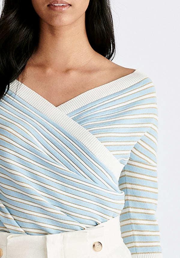 Knitted Wrap Top with 3/4 Sleeves in Gold, Light Blue and White Close Up