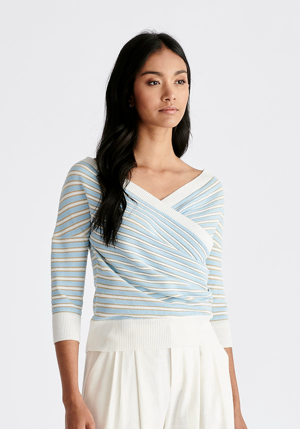 Knitted Wrap Top with 3/4 Sleeves in Gold, Light Blue and White