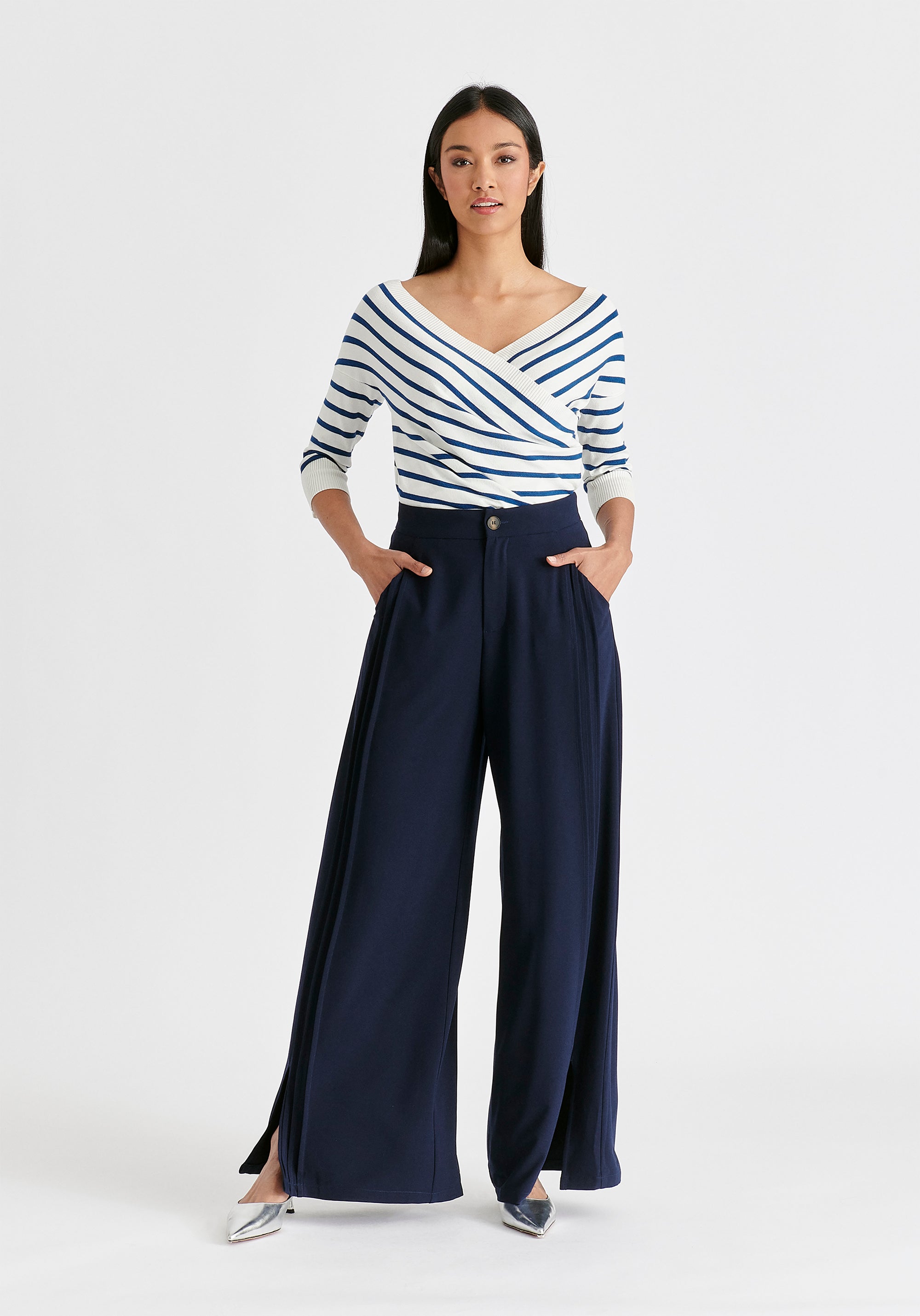 Knitted Wrap Top with 3/4 Sleeves In White and Denim Front