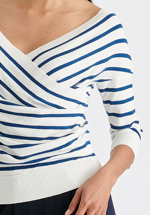 Knitted Wrap Top with 3/4 Sleeves In White and Denim Closeup