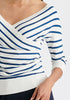 Knitted Wrap Top with 3/4 Sleeves In White and Denim Closeup