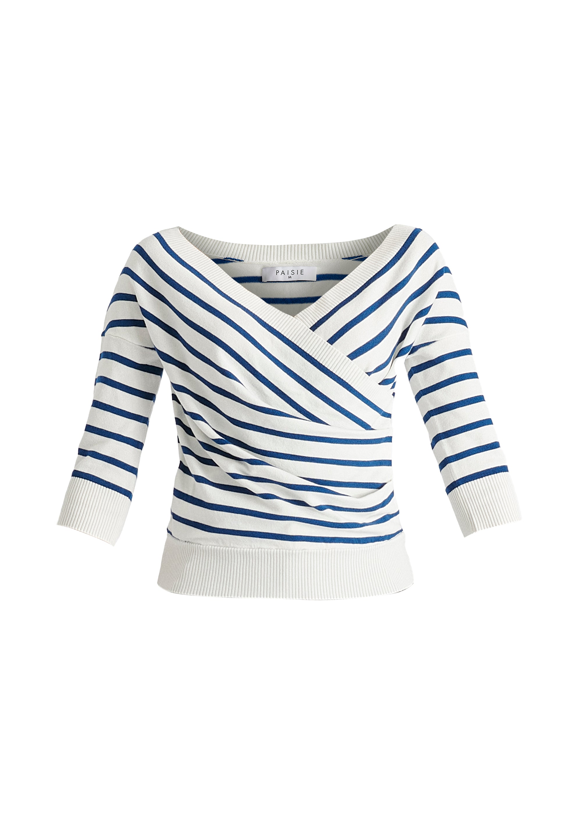 Knitted Wrap Top with 3/4 Sleeves In White and Denim Cutout