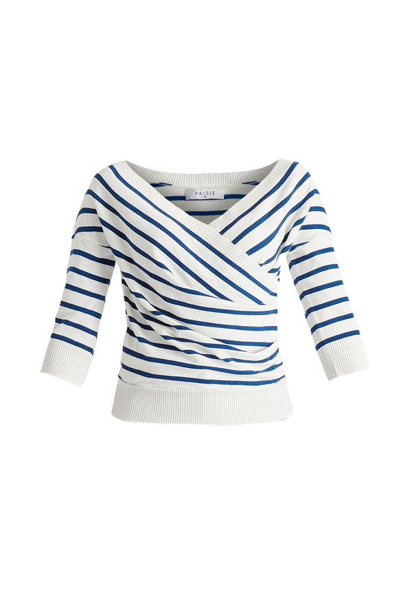 Knitted Wrap Top with 3/4 Sleeves In White and Denim Cutout