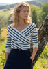 Knitted Wrap Top with 3/4 Sleeves in White and Denim