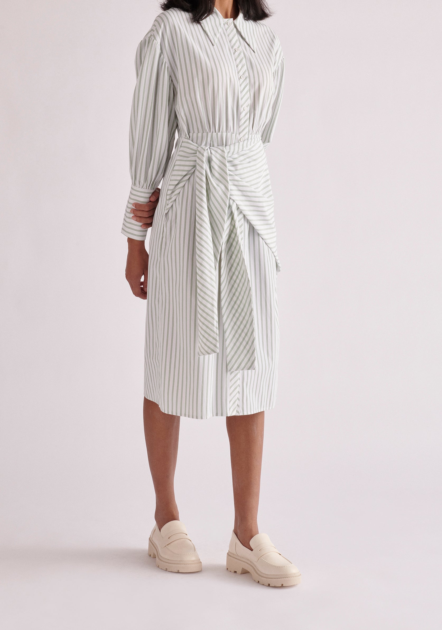Paisie Waist Tie Striped Shirt Dress in Green