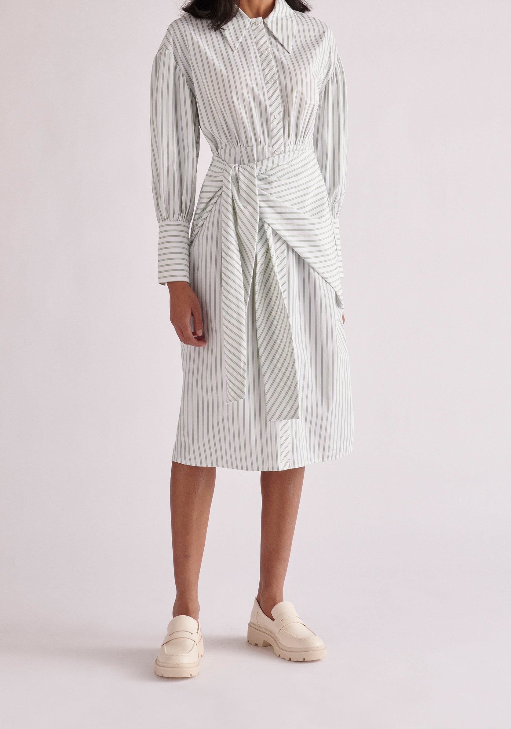 Paisie Waist Tie Striped Shirt Dress in Green