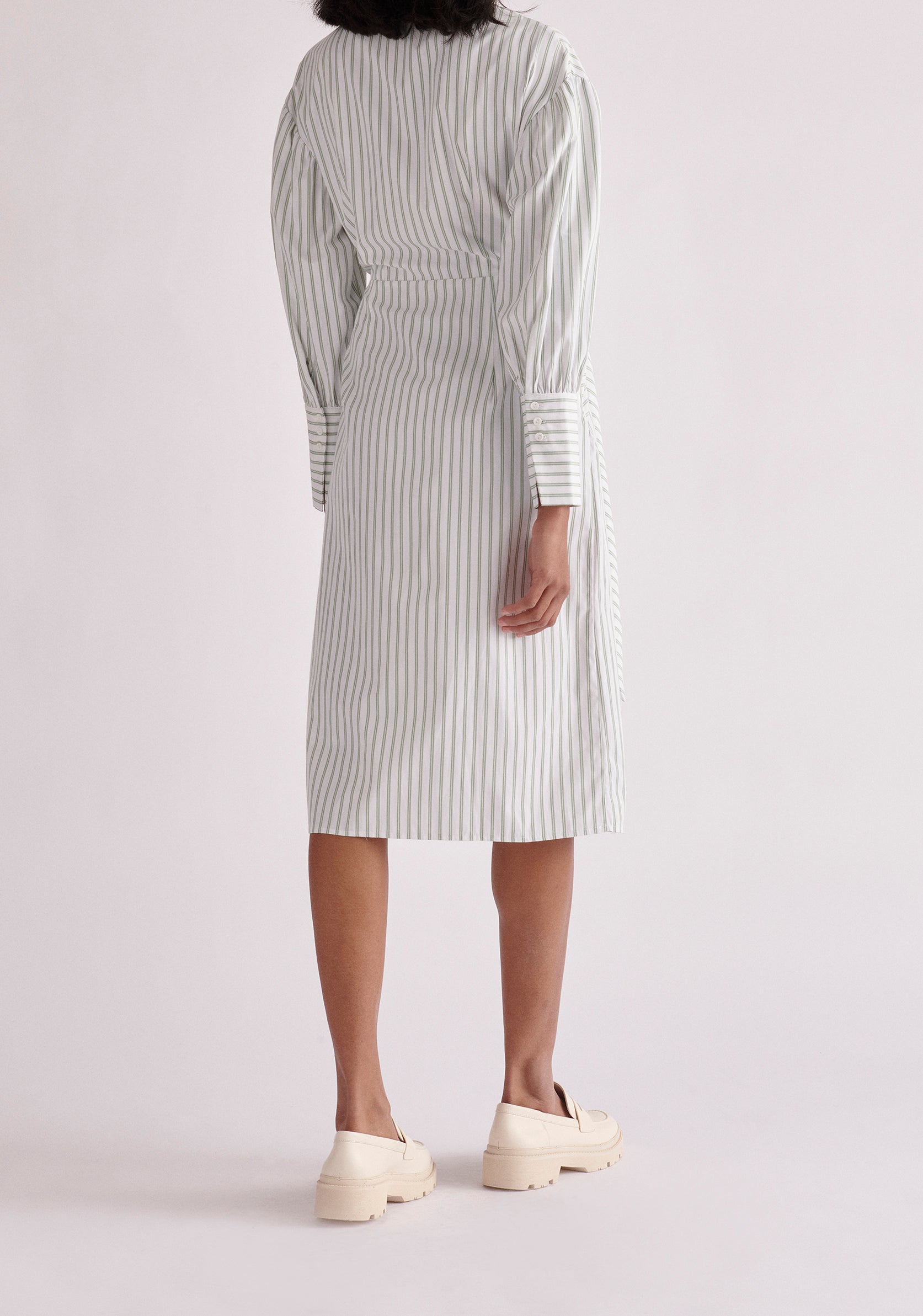 Paisie Waist Tie Striped Shirt Dress in Green Back