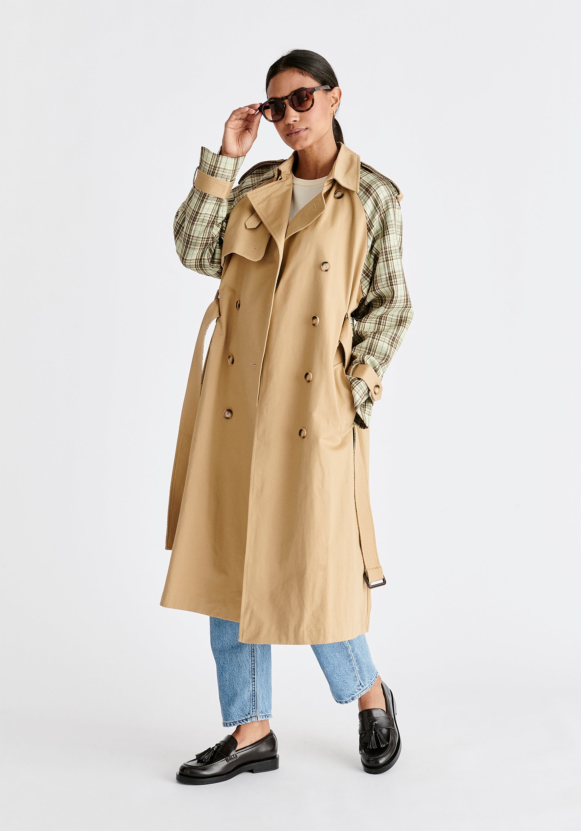 Paisie Plaid Trench Coat in Tan