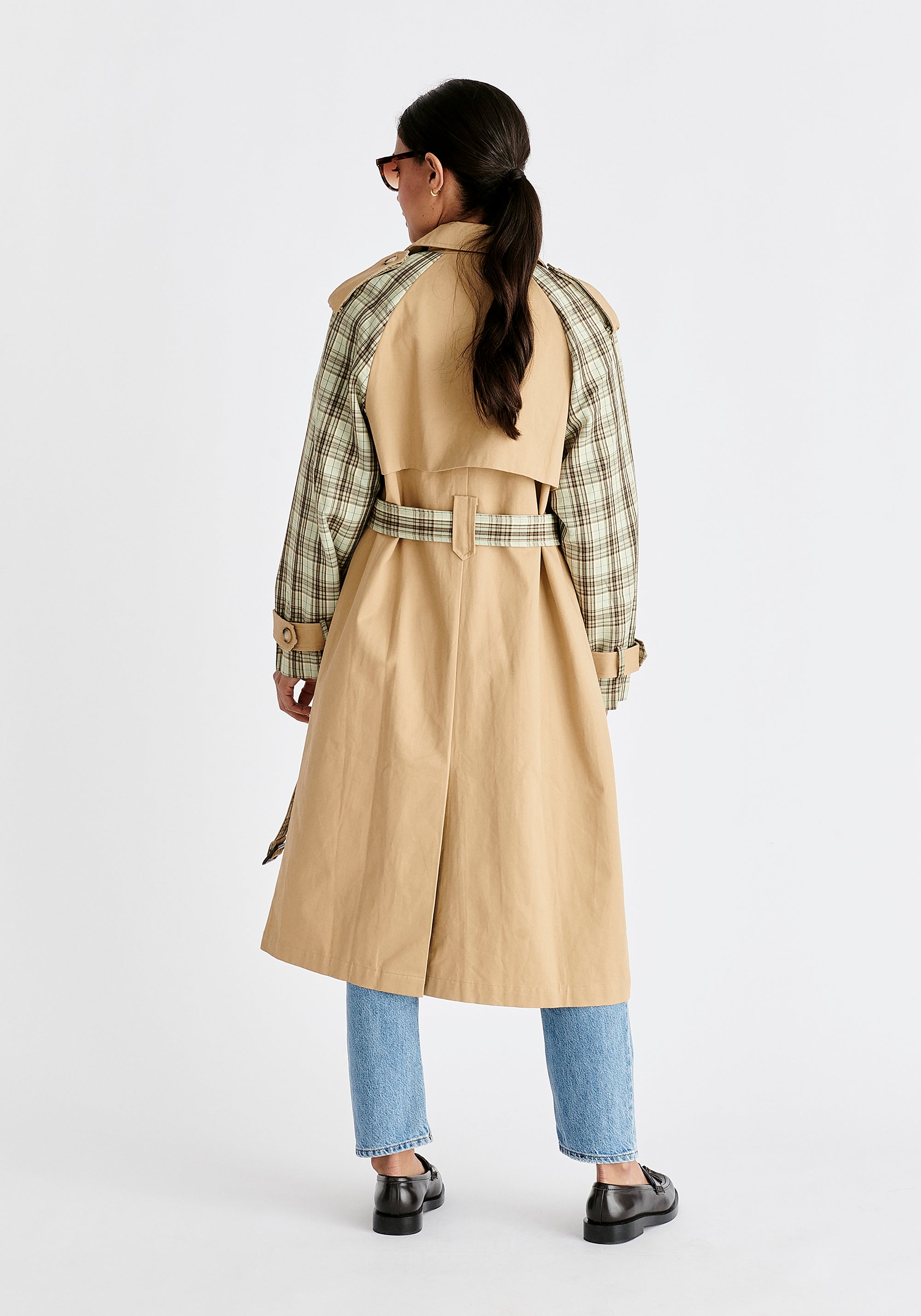 Paisie Plaid Trench Coat in Tan Back